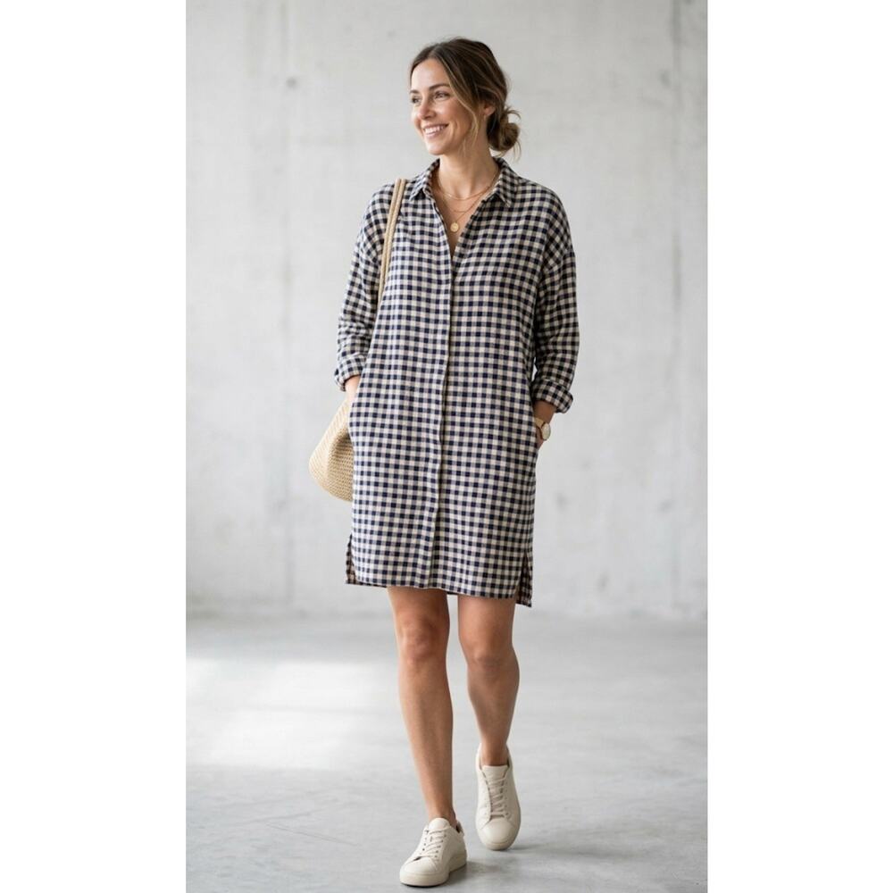 Zara Plaid Shirt Dress Size M Medium Navy Blue Beige Buffalo Check Wool Blend